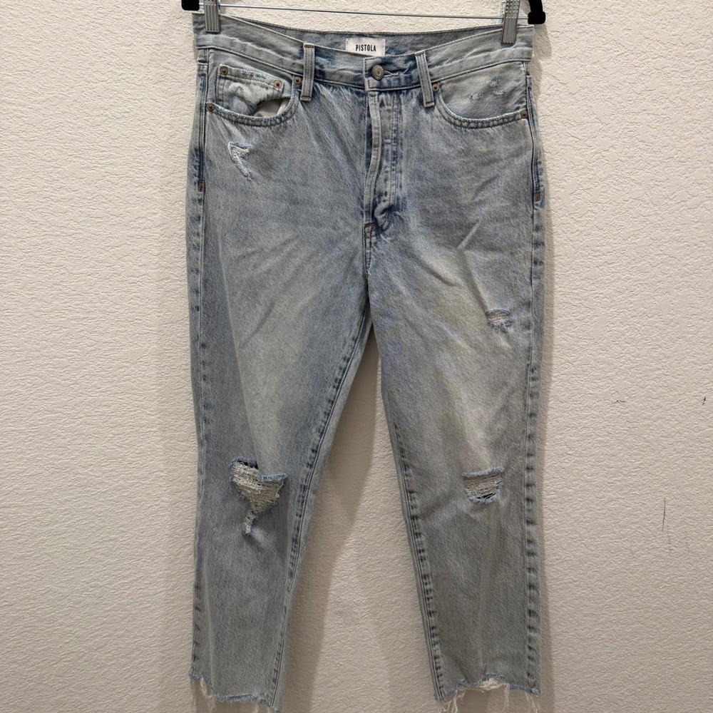 Pistola High Rise Distressed Straight Leg Jeans Light Wash Raw Hem Size 28